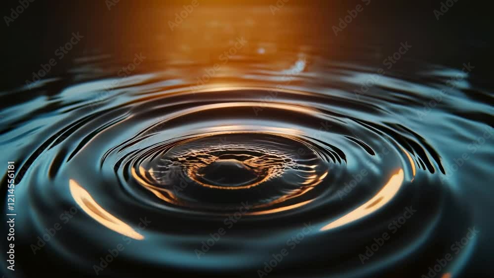 Poster droplets falling onto a dark water surface, creating ripples that expand into concentric circles, wh
