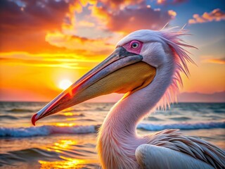Fototapeta premium Pink Pelican Beak Close-up, Vibrant Sunset Landscape