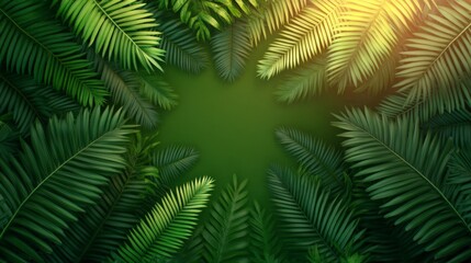 Tropical Paradise: Lush green palm leaves create a vibrant, circular frame, with a central space perfect for text or images. The warm sunlight filters through, enhancing the tropical ambiance.
