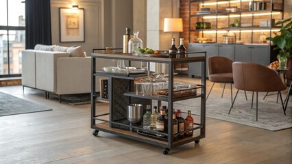 A mini bar cart stands ready for entertaining adorned with glassware and curated beverages highlighting the multifunctional nature of the loft and inviting spontaneous gatherings