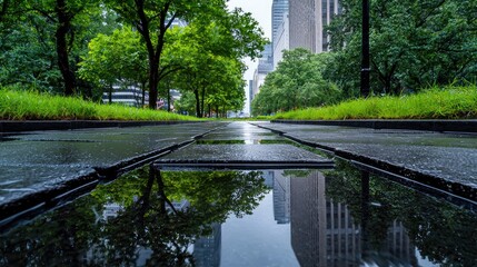 City park pathway reflection after rain, urban green space