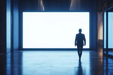 Walking businessman by blank white illuminated screens with place for your logo or text with glossy floor on dark empty room background, mock up