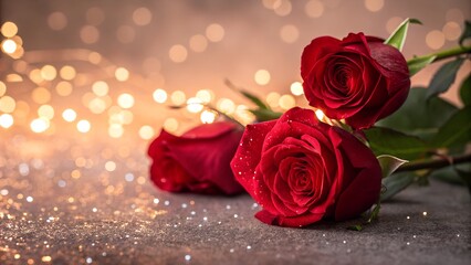 red Rose flowers on bokeh light glitter background for love wedding and valentines day with copy space