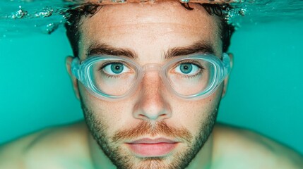 Submerged Gaze: A man's piercing gaze, captured through the water's surface, evokes a sense of mystery and quiet intensity.  The  goggles  accentuate his focus as he stares out.