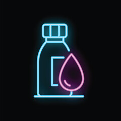 Neon medical bottle icon glowing on dark background, concept of healthcare and medical treatment