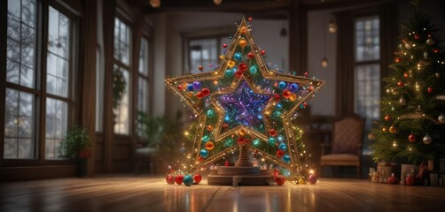 Fototapeta premium A large star-shaped Christmas tree with colorful glass ornaments and lights , Christmas decorations, festive