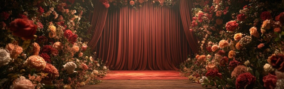 A luxurious red stage curtain surrounded by vibrant flowers. Perfect for theatrical designs, wedding decor, and elegant visuals.