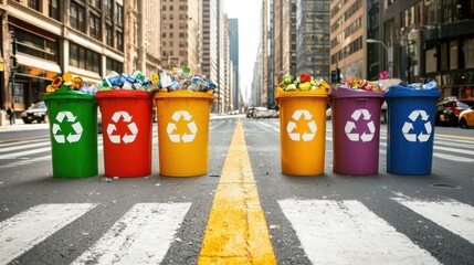Colorful Recycling Bins on City Street Highlighting Waste Segregation and Sustainability