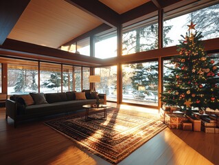 Fototapeta premium Warm golden glow of nostalgic holiday spirit in a cozy living room with festive decor inviting atmosphere low angle perspective