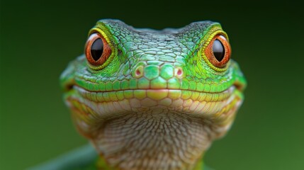 Obraz premium Emerald Gaze: An emerald green lizard with vibrant orange eyes stares directly at the camera, its scales catching the light in a captivating close-up.