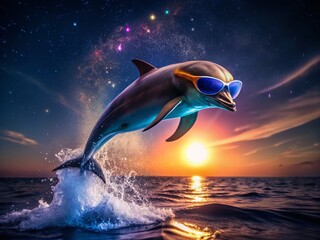 Playful Dolphin Jumping Ocean Night Sunglasses Low Light Photography