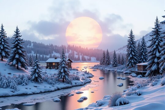Snow-Covered Houses by Winter Lake at Sunset