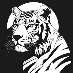 Tiger portrait, black and white, stylized, moon background, graphic design, poster/print