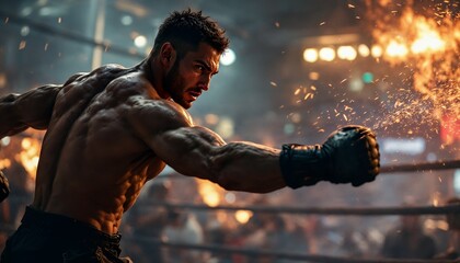 Muscular Boxer Punching with Fiery Background