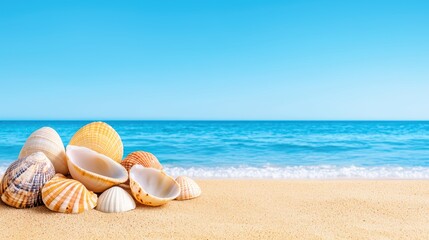 Colorful Seashells on Sandy Beach with Calm Blue Ocean Background