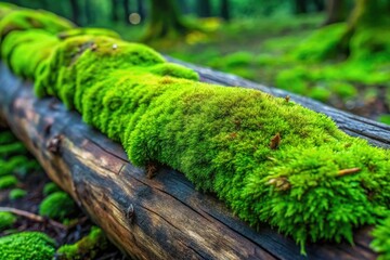 A lush carpet of emerald green moss covering a weathered wooden log, wood, foliage, dense