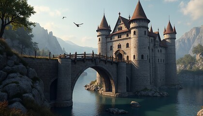 Fototapeta premium Majestic Stone Castle on Lake with Bridge Fantasy Art