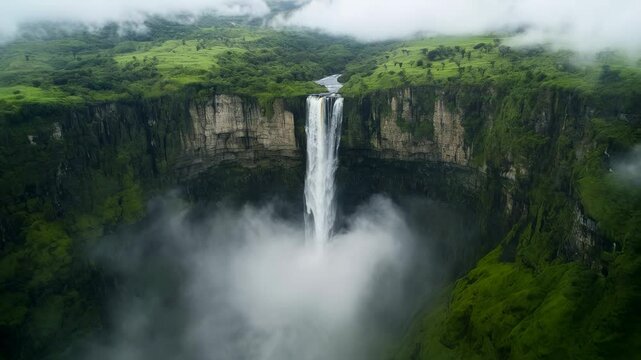 Salto del angel waterfall is plunging into a misty chasm surrounded by lush green vegetation and rocky cliffs in bolivar, venezuela, creating a breathtaking natural wonder