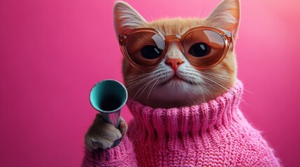 Obraz premium Stylish Cat in Pink Sweater Holding Megaphone Wearing Sunglasses Against Pink Background