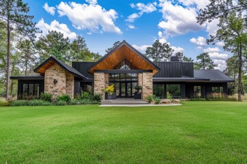 Contemporary architectural design harmoniously melds with the natural environment in a generously sized residence, enveloped by vibrant greenery and bathed in the warmth of clear blue skies
