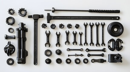Obraz premium Assortment of Black Workshop Tools and Hardware on White Background