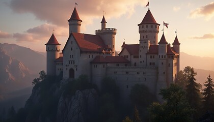 Fototapeta premium Majestic Mountaintop Castle at Sunset Dramatic Landscape