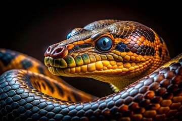 Fototapeta premium Powerful Anaconda Portrait: Low-Light Reptile Photography on Solid Background