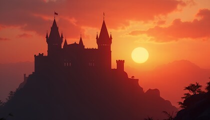 Obraz premium Majestic Castle Silhouette at Sunset Landscape Photography