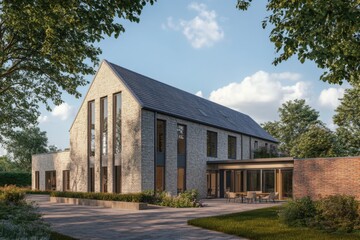 Fototapeta premium Modern architectural design of a spacious home with large windows and landscaped surroundings in a serene setting during daylight hours