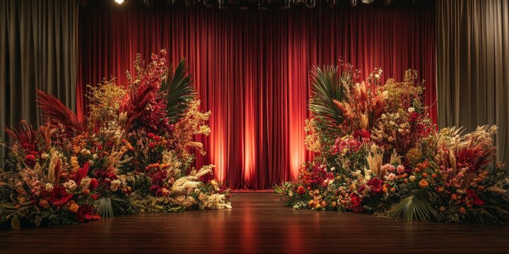 A luxurious red stage curtain surrounded by vibrant flowers. Perfect for theatrical designs, wedding decor, and elegant visuals.