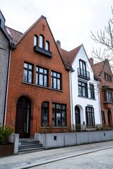 Fototapeta premium Modern and classic architectural styles blend in a charming residential neighborhood showcasing brick and white facade houses on a serene street during a cloudy day