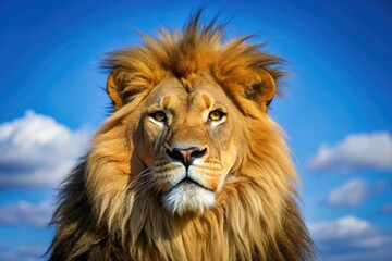 A majestic lion's mane frames its regal face as it surveys its kingdom under a bright blue African sky, king, animal eyes, Africa
