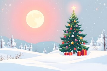 Magical snowy wintry landscape with full moon, decorated Christmas tree and many gifts: Christmas and holidays background
