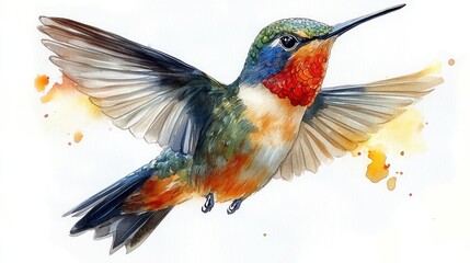 Fototapeta premium bird on an isolated white background, watercolor illustration, hand drawing, cute hummingbird