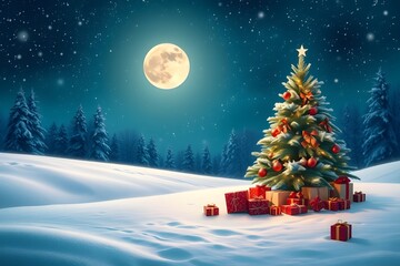 Magical snowy wintry landscape with full moon, decorated Christmas tree and many gifts: Christmas and holidays background
