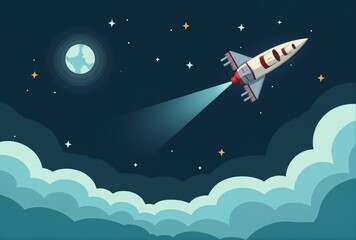 Obraz premium Space Rocket Ascending Above Clouds and Planet