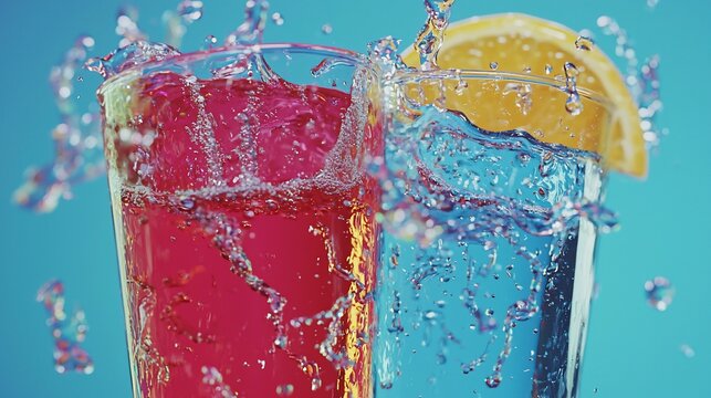 Two glasses of refreshing drinks with splashes and lemon.