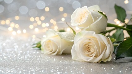 Obraz premium white Rose flowers on bokeh light glitter background for love wedding and valentines day with copy space