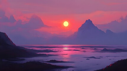 Naklejka premium Vibrant Sunset over Mountains and Calm Sea