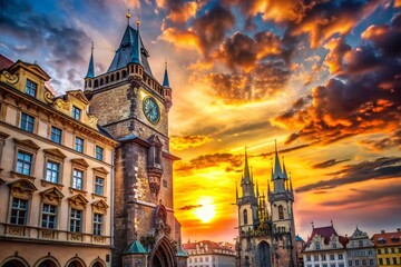 Fototapeta premium Prague Astronomical Clock Silhouette at Sunset - Gothic Architecture