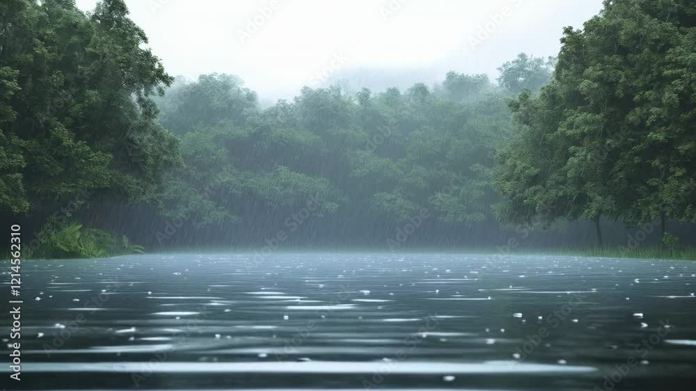 Poster Heavy rain cascading onto a tranquil lake surrounded by a lush green forest, creating mesmerizing ripples and sparkling droplets across the water's surface