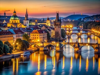 Obraz premium Prague Riverside at Night: Long Exposure Cityscape with Charles Bridge and Old Town