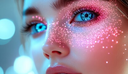 A close-up of the face of an attractive woman with beautiful eyelashes, on which there is a glowing digital network made up of bright blue and pink dots, against a light background