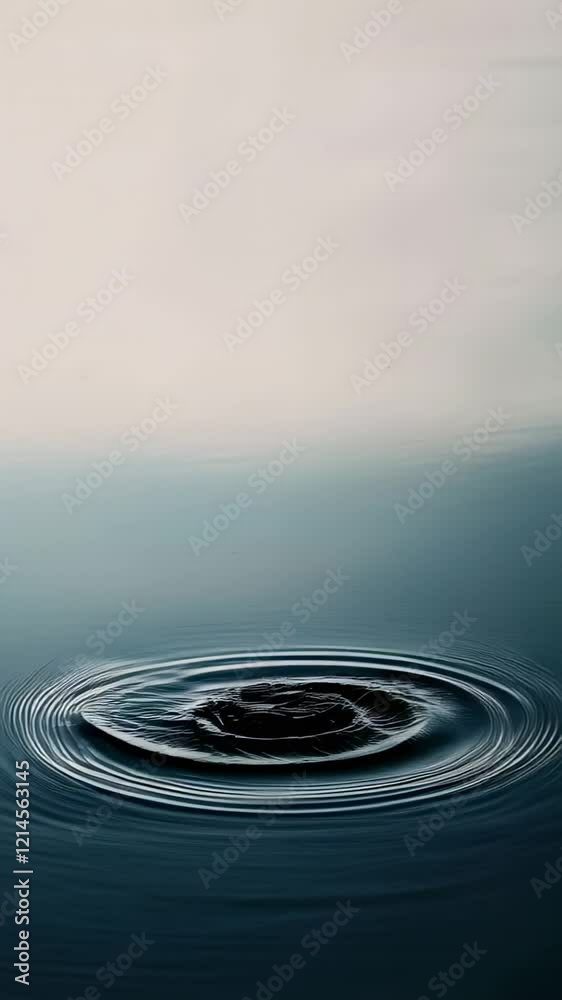 Poster water drop falling and impacting a calm water surface, creating expanding circular ripples, with a b