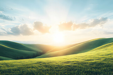 Fototapeta premium Serene sunset over rolling green hills, idyllic pastoral landscape. Perfect for nature, travel, and serenity themes.