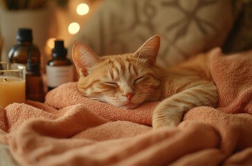 Cozy Cat Relaxing on Soft Blanket Surrounded by Aromatic Oils and Gentle Glow of Lights in a Peaceful Indoor Setting