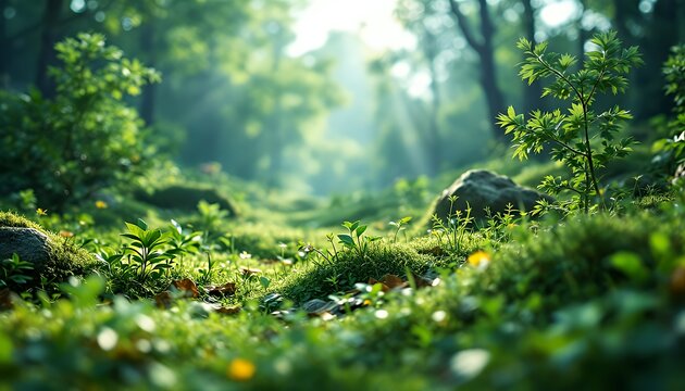 Lush Green Forest Landscape Sunlight Moss Plants