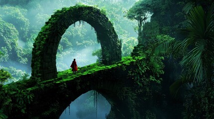 Mysterious Bridge in Lush Green Jungle with Stone Archway