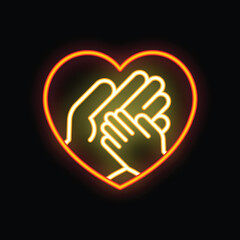 Neon heart with adult and child hands holding inside, symbolizing family, love, and care on a black background