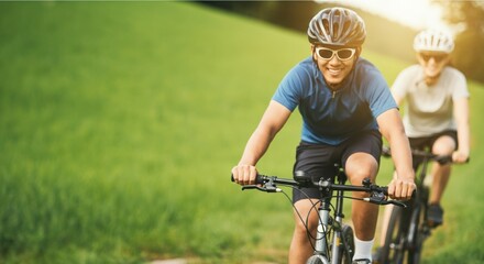 Obraz premium Happy cyclist couple enjoying a sunny day on a green landscape